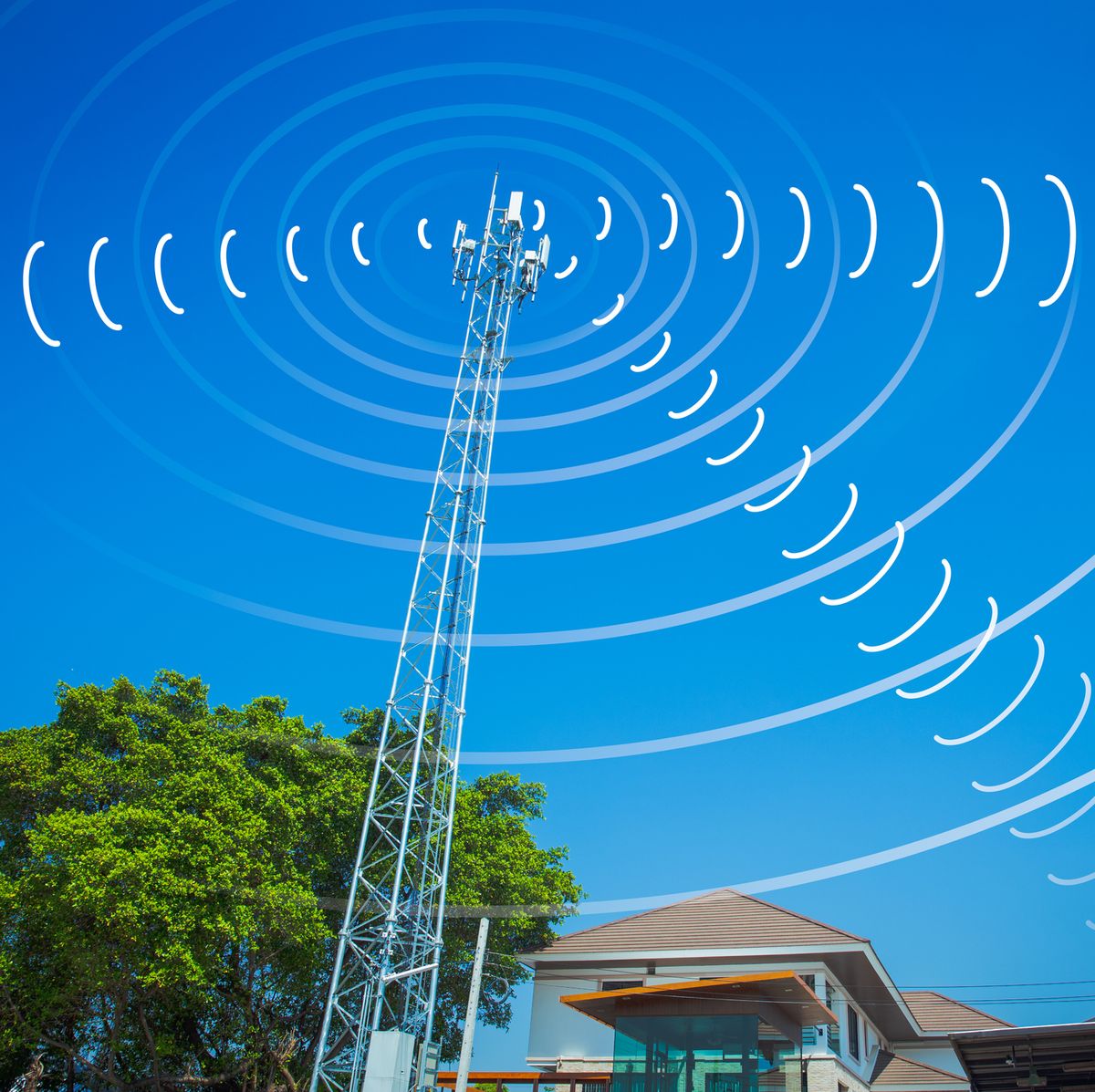 communication tower send and receive radio wave signal in the city concept.