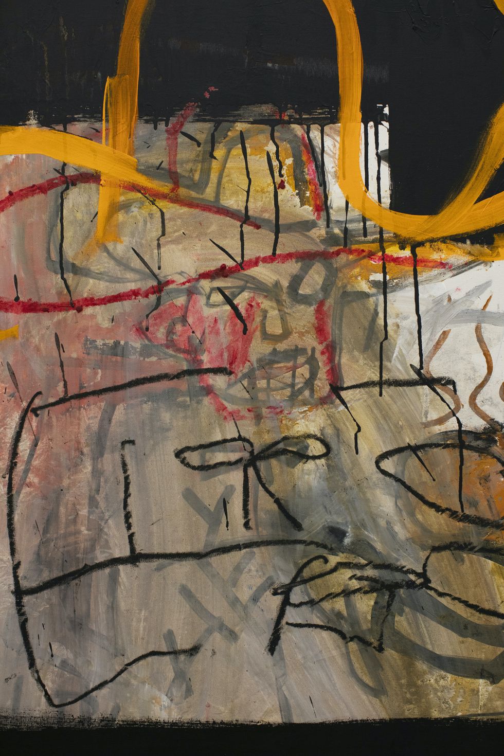 artwork jean michel basquiat, "untitled cowboy and indian", 1982 detail, acrylic and oil stick on canvas,  50 x 105 in 127 x 2667 cm artwork © the estate of jean michel basquiat, licensed by artestar, new york