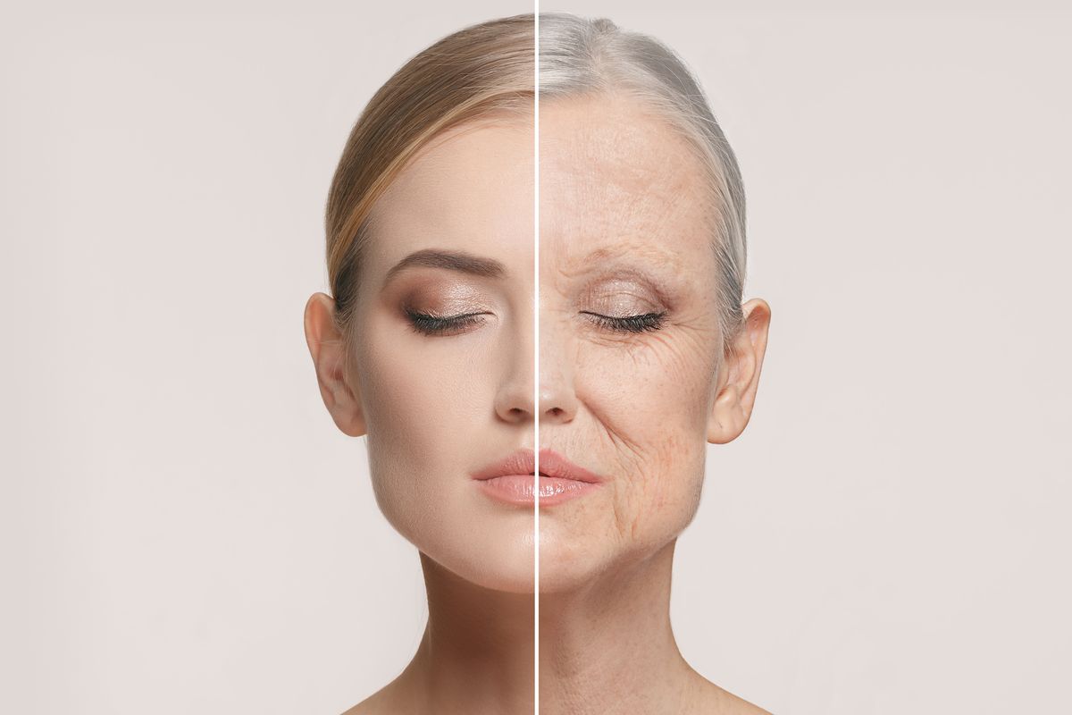 comparison portrait of beautiful woman with problem and clean skin, aging and youth concept, beauty treatment