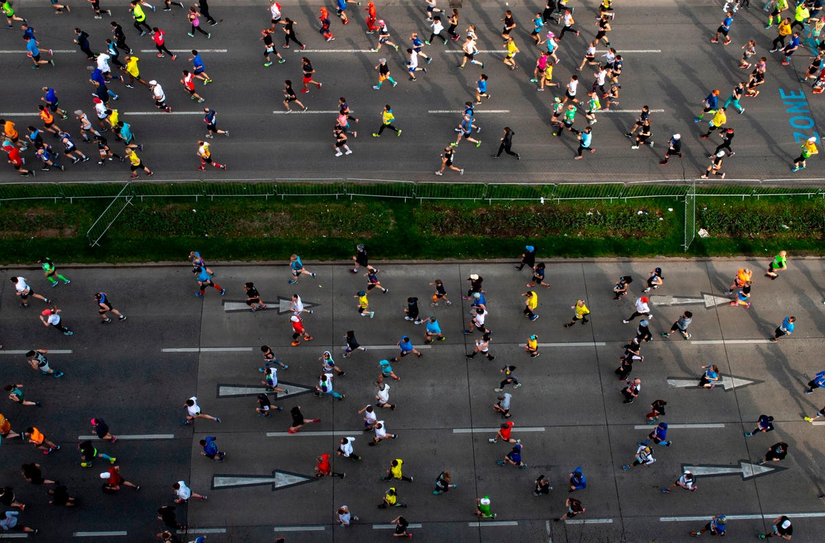 Fire fighters take part in the 28th Hamburg marathon in Hamburg