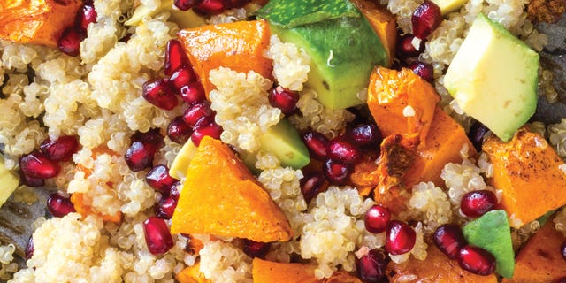 complex carbs quinoa with sweet potato, avocado, and pomegranate