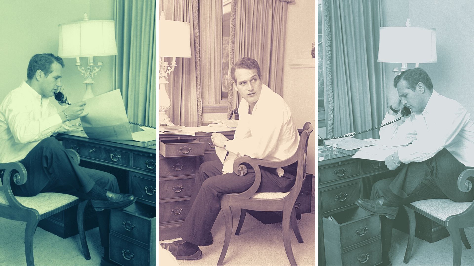 paul newman en una foto de archivo en su casa de beverly hills, sentado a su escritorio, hablando por teléfono