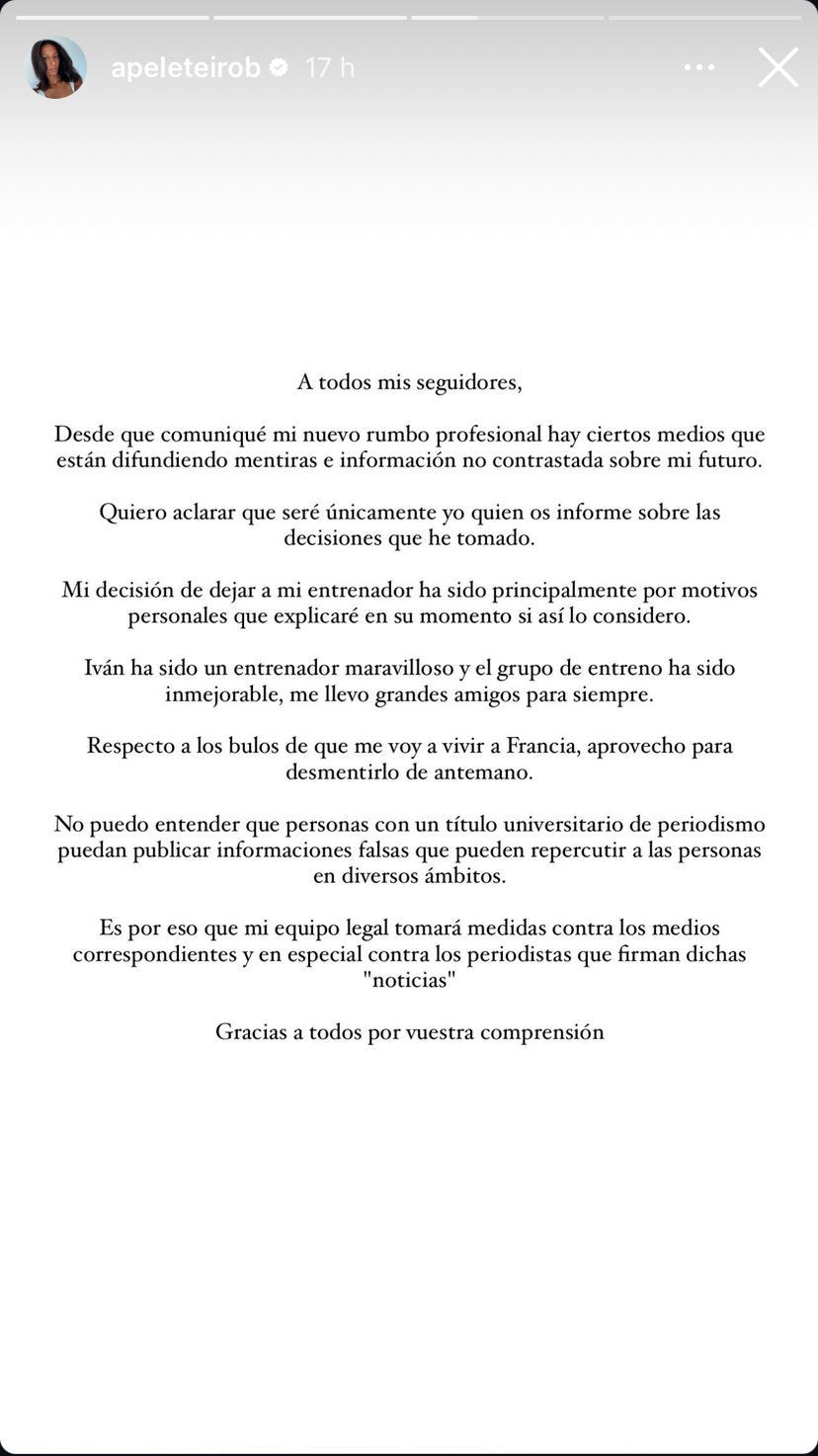 el comunicado de ana peleteiro en sus redes sociales