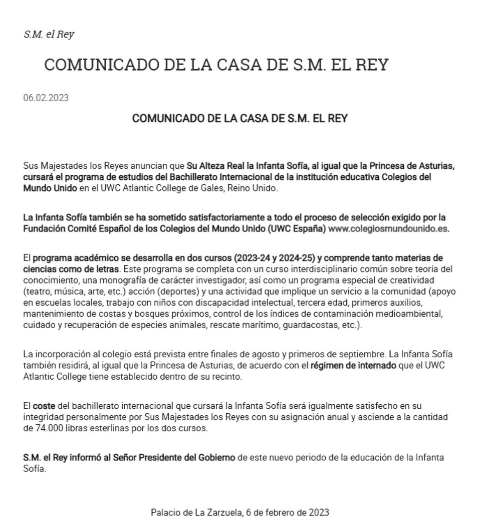 comunicado casa real sobre la infanta sofía
