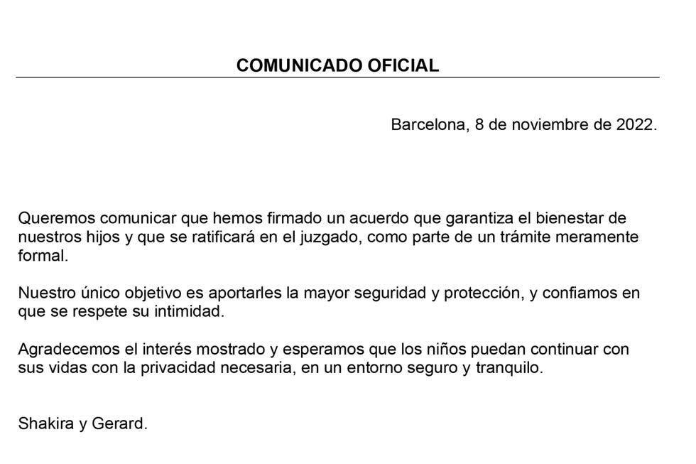 shakira y piqué, comunicado oficial sobre la custodia de sus hijos