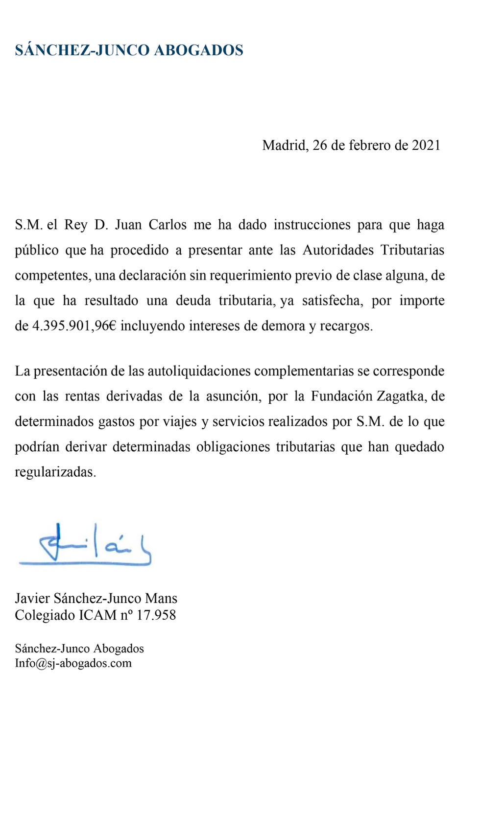 comunicado abogados rey juan carlos pago hacienda