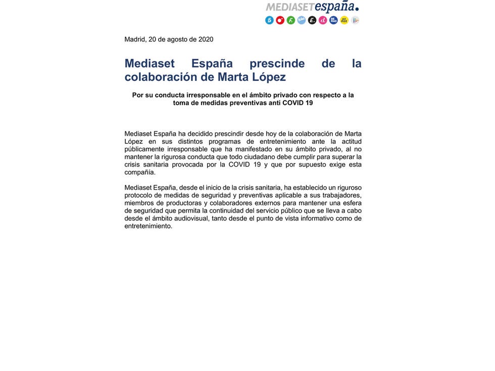 comunicado despido marta lópez mediaset