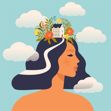 concept about the processes of thinking of women creating ideas in the head, creative profession creative fantasy thinking vector illustration mechanism of the brain, thinking worker woman world