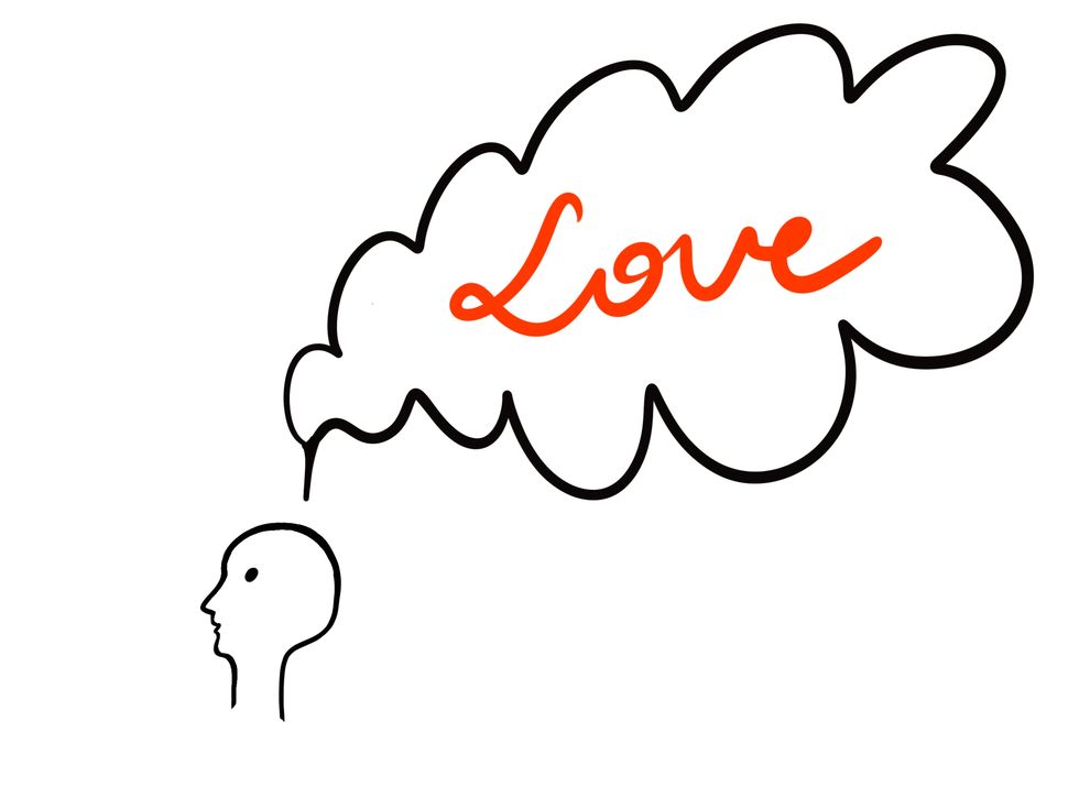 concept art of thoughts inside someones head thinking about love