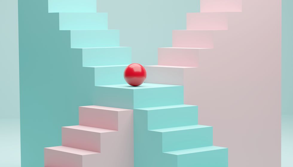 concept of stairs, ladders and red ball choice, crossroads , 3d render