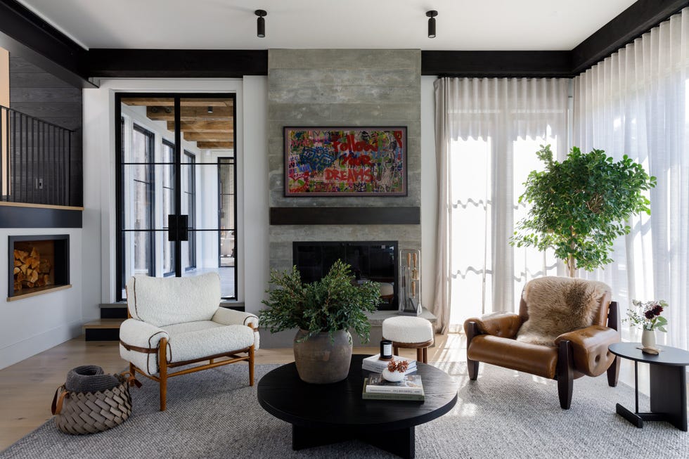 living room with concrete fireplace