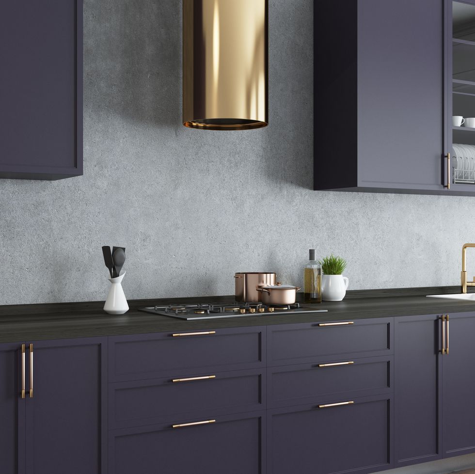 concrete wall kitchen, purple countertops close up