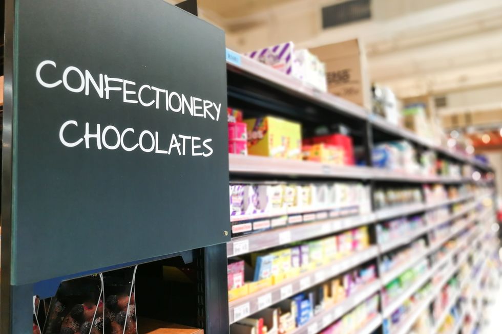 Confectionery, chocolate grocery category aisle at supermarket