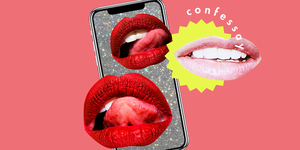 two red lips on a glittery iphone