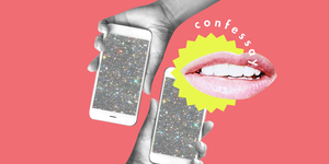 two glittery phones being held up next to each other with the "confessay" logo, which is lips and the text "confessay" around it