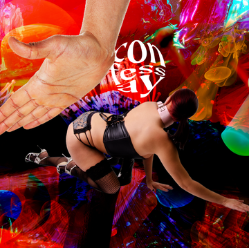woman getting spanked by a massive hand against a colorful, psychedelic background