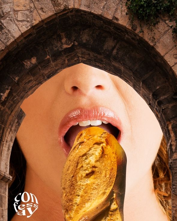 woman suggestively eating a french baguette