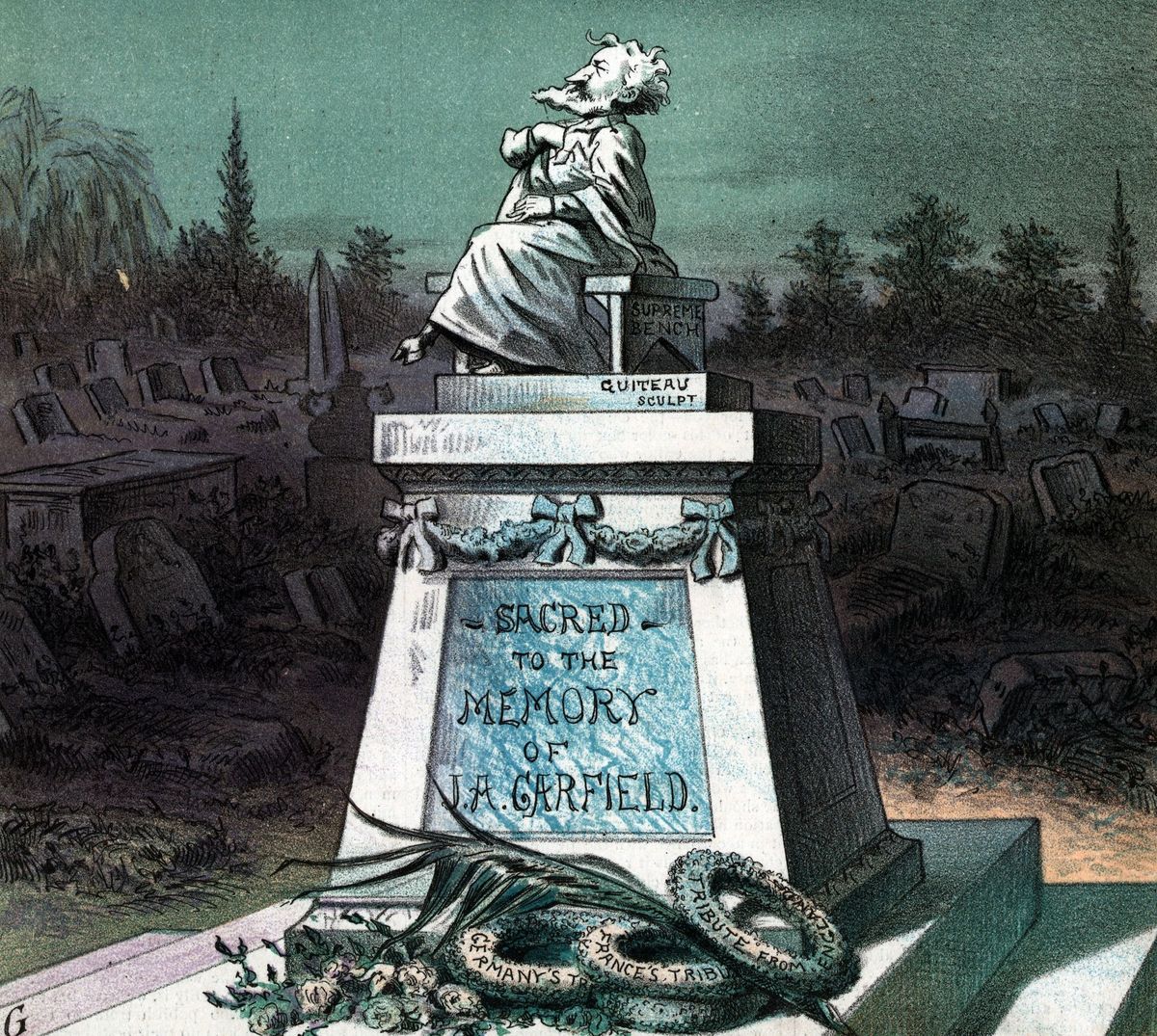 the living president's tribute to the dead president' statue of roscoe conkling, with cloven hooves, seated on a bench labelled 'supreme bench' atop a monumental tomb labelled 'sacred to the memory of ja garfield', the monument is signed 'guiteau sculpt' photo by photo12universal images group via getty images