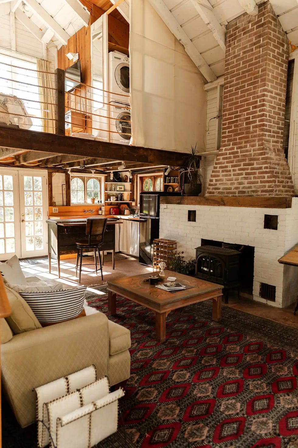 a living room with a fireplace