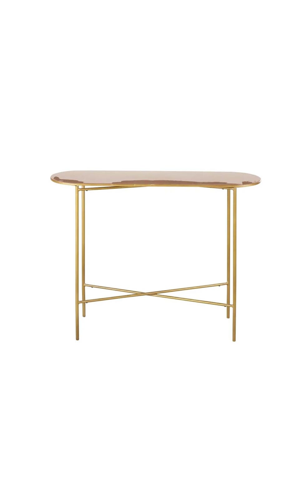 consola de metal dorado y rosa empolvado