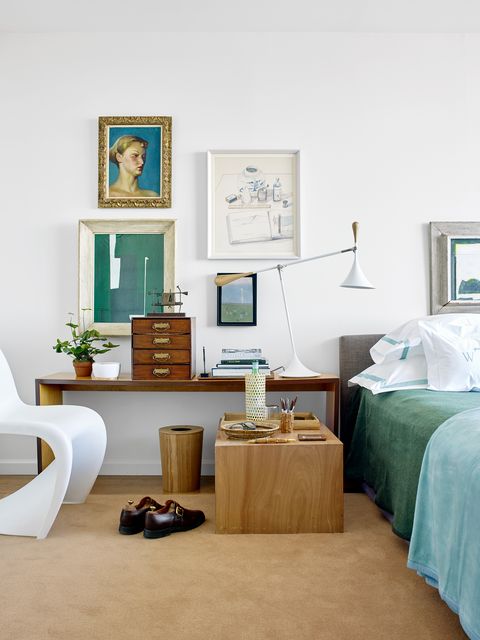 green, white and beige bedroom with desk