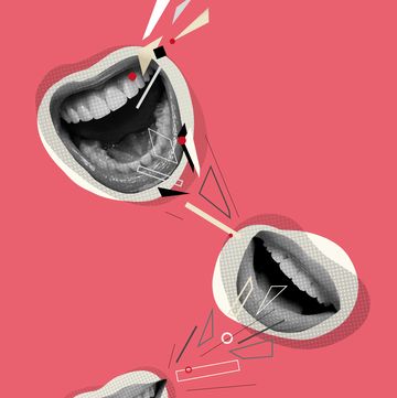 contemporary art collage conceptual image with female talking mouths spreading rumors, gossips isolated over pink background