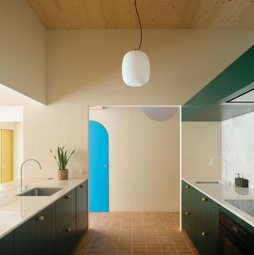 a kitchen with a tile floor
