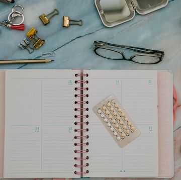 contraceptive pills , calendar and feminine items in desktop
