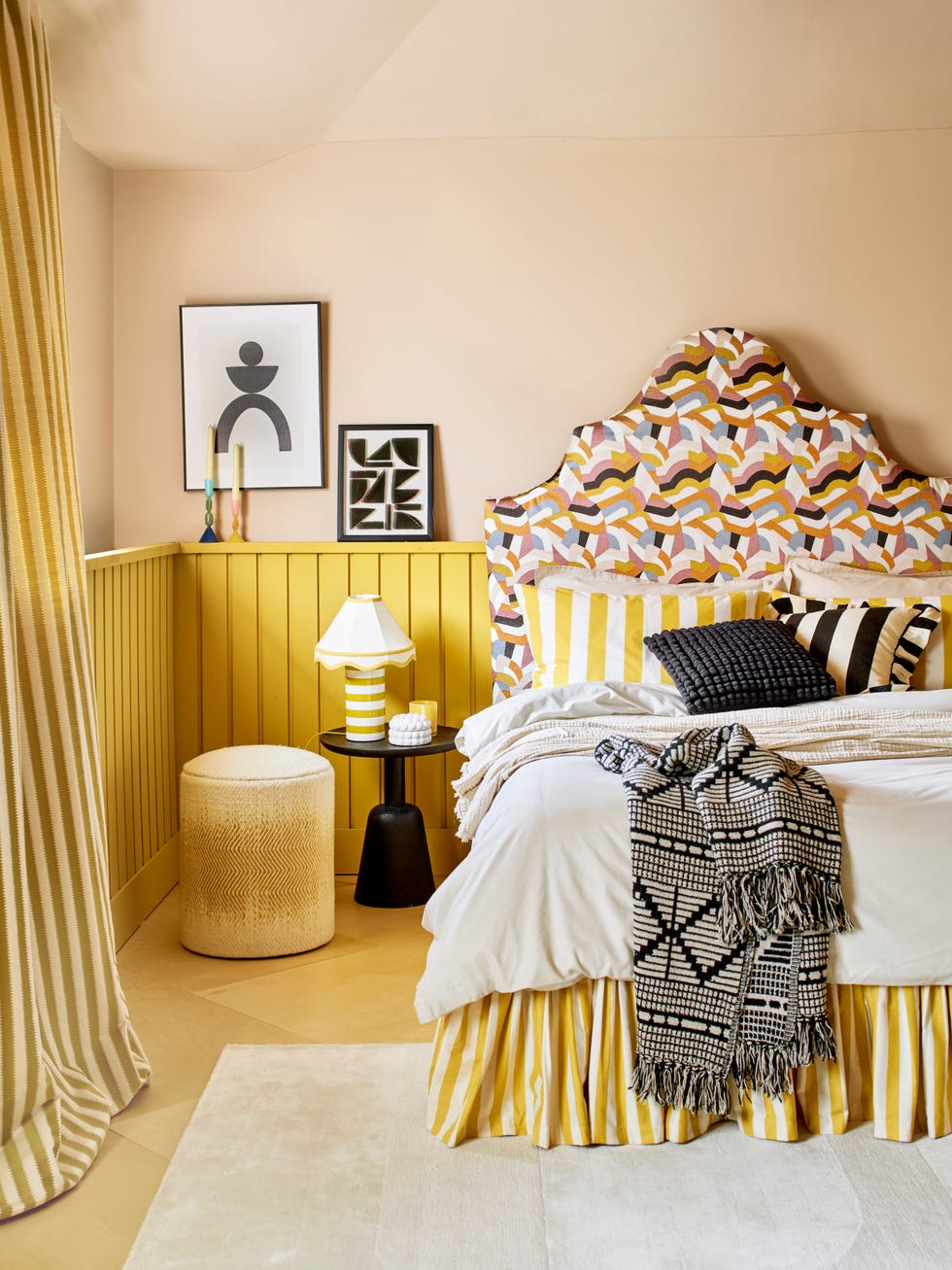 eccentric bedroom in yellow and black
