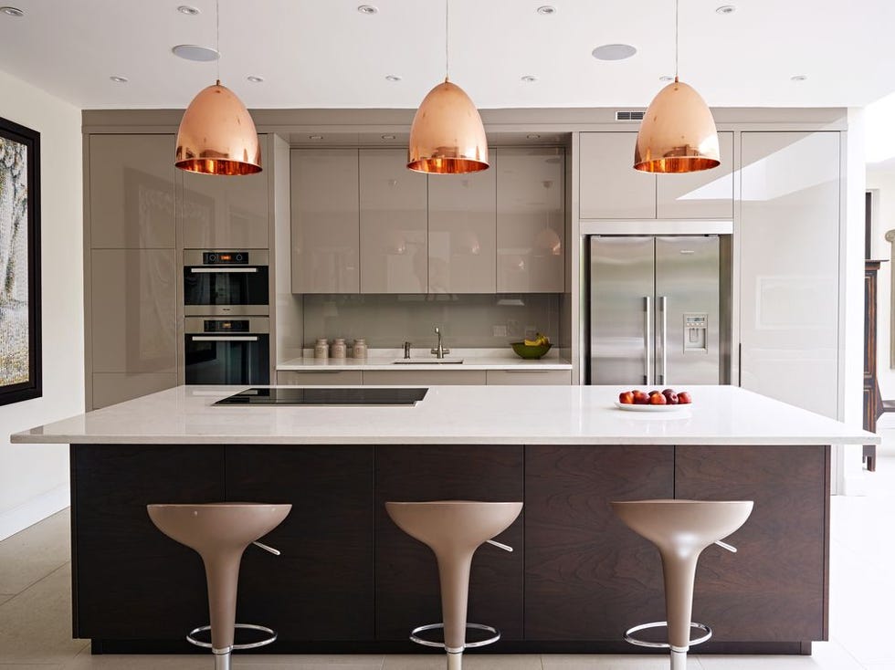 high gloss white and walnut wood kitchen