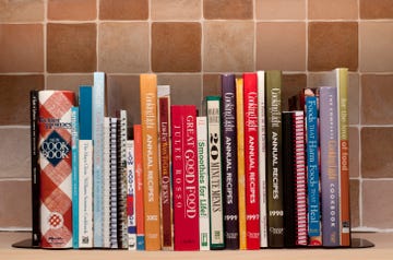 Cookbooks on kitchen shelf