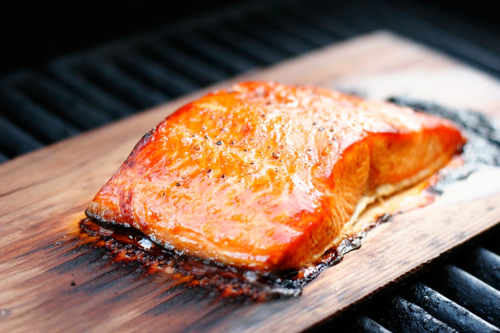 Cooked salmon on cedar board