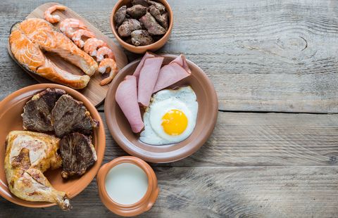 Protein diet:cooked products on the wooden background