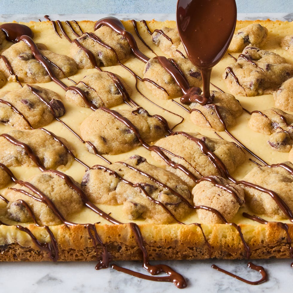 cheesecake bars with a cookie bottom and top layer drizzled with chocolate