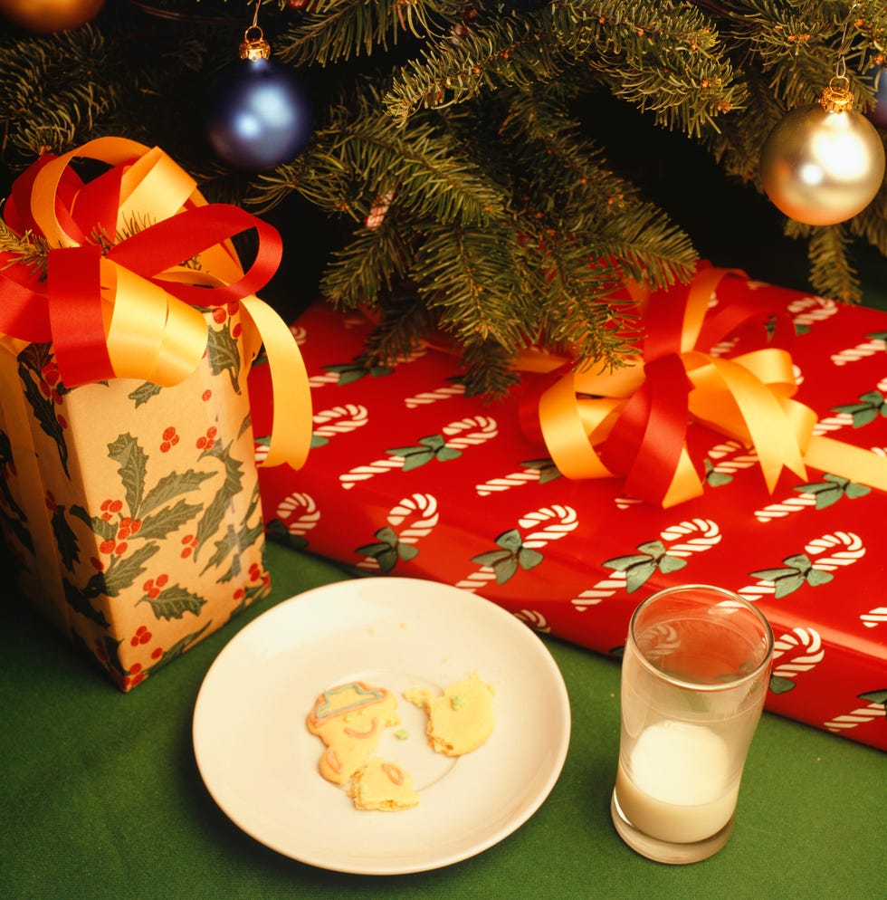 cookies and milk under christmas tree, elevated view