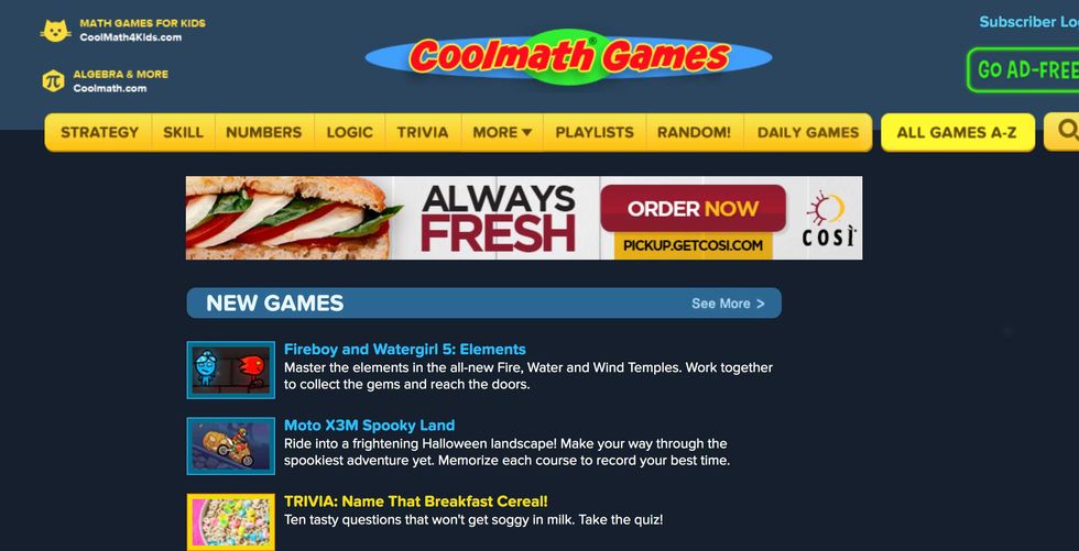 Screenshot of the Cool Math Games website