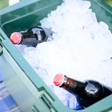 cooler box with ice and glass bottles of beer or cold drinks