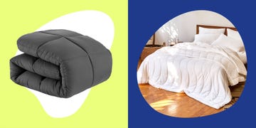 comparison of two comforters one folded and one on a bed