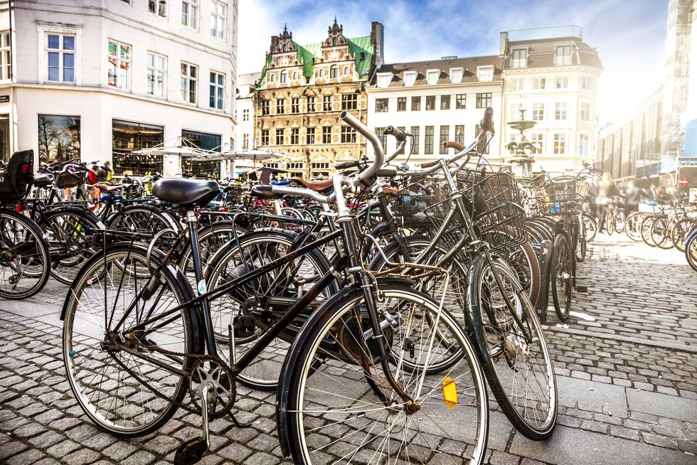 copenhagen bycicle parked in a town square