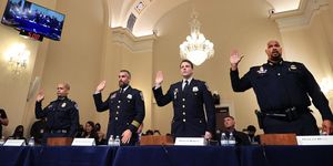 l r us capitol police officer sgt aquilino gonell, dc metropolitan police department officer michael fanone, dc metropolitan police department officer daniel hodges and us capitol police officer harry dunn are sworn in before testifying, before members of the select committee as they investigate the january 6, 2021 attack on the us capitol, during their first hearing in the cannon house office building on capitol hill in washington, dc, on july 27, 2021   the committee will hear testimony from members of the us capitol police and the metropolitan police department who tried to protect the capitol against insurrectionists on january 6, 2021 photo by chip somodevilla  pool  afp photo by chip somodevillapoolafp via getty images