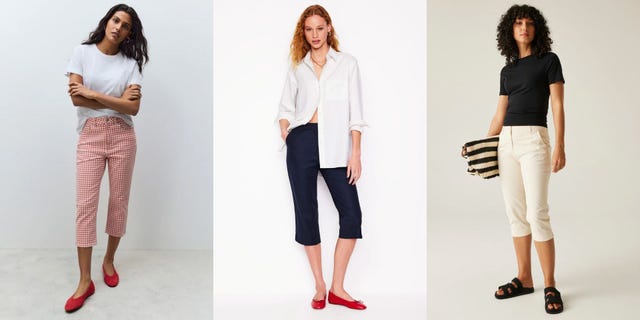 display of various outfits featuring cropped pants and stylish tops