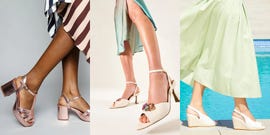 display of three different styles of womens shoes with legs visible