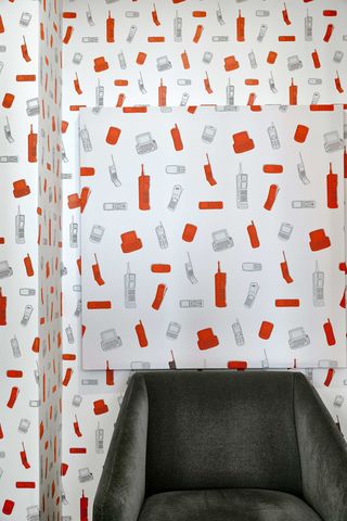 Orange, Curtain, Wallpaper, Pattern, Interior design, Coquelicot, Line, Tree, Font, Textile, 