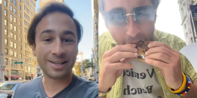 a person holding a chocolate covered donut next to a person