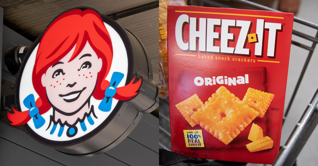 fast food restaurant sign and snack product packaging