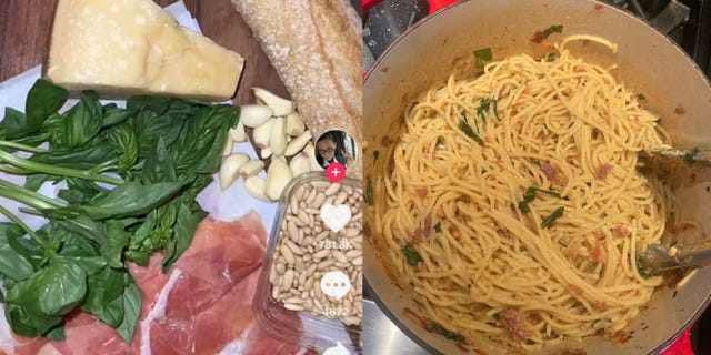 pasta ingredients next to a pot with the finished dish