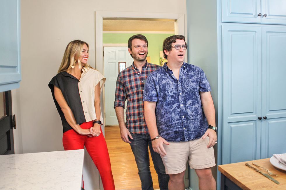 homeowners sam johnson and jamison smith react to seeing their newly renovated kitchen after show host mary welch added personality and functionality to the space, as seen on breaking bland, season 1