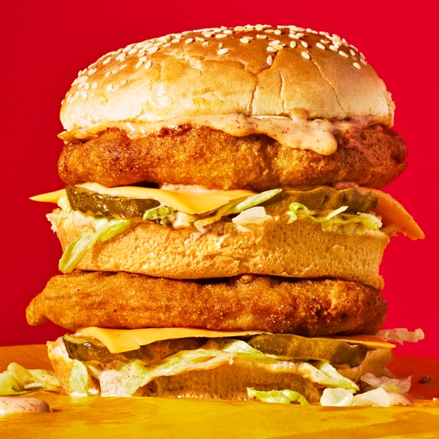 chicken big mac with pickles, lettuce, and special sauce between buns
