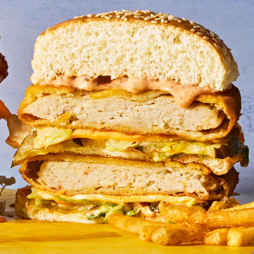 chicken big mac with pickles, lettuce, and special sauce between buns