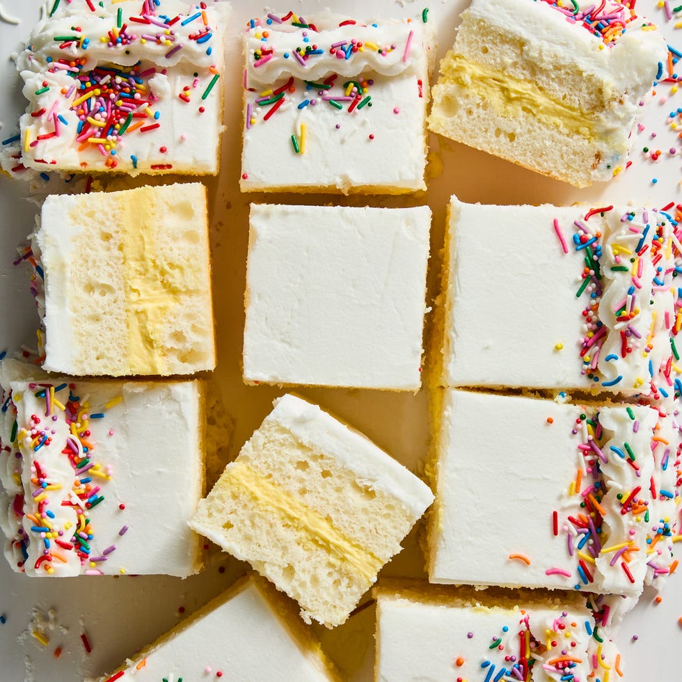 copycat costco sheet cake filled with vanilla cheesecake mousse and decorated with sprinkles